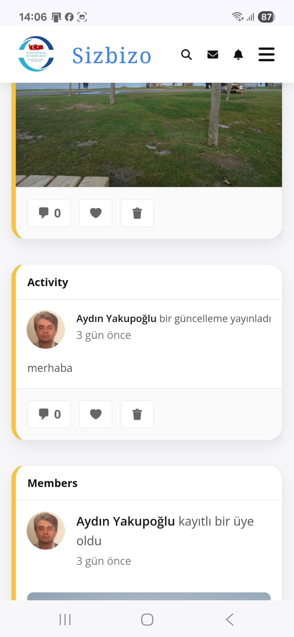 Yazı Kartları örneği (Activity / Members)
